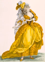 Woman dressed in elaborate dress and headpiece, engraved by Bacquoy, plate no.218 from 